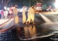 ദേശീയപാതയില്‍ ഓയില്‍ ചോര്‍ന്നത് ആശങ്കയായി; ഫയര്‍ഫോഴ്‌സ് ക്ലീനാക്കി