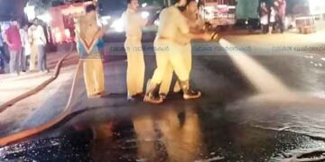 ദേശീയപാതയില്‍ ഓയില്‍ ചോര്‍ന്നത് ആശങ്കയായി; ഫയര്‍ഫോഴ്‌സ് ക്ലീനാക്കി